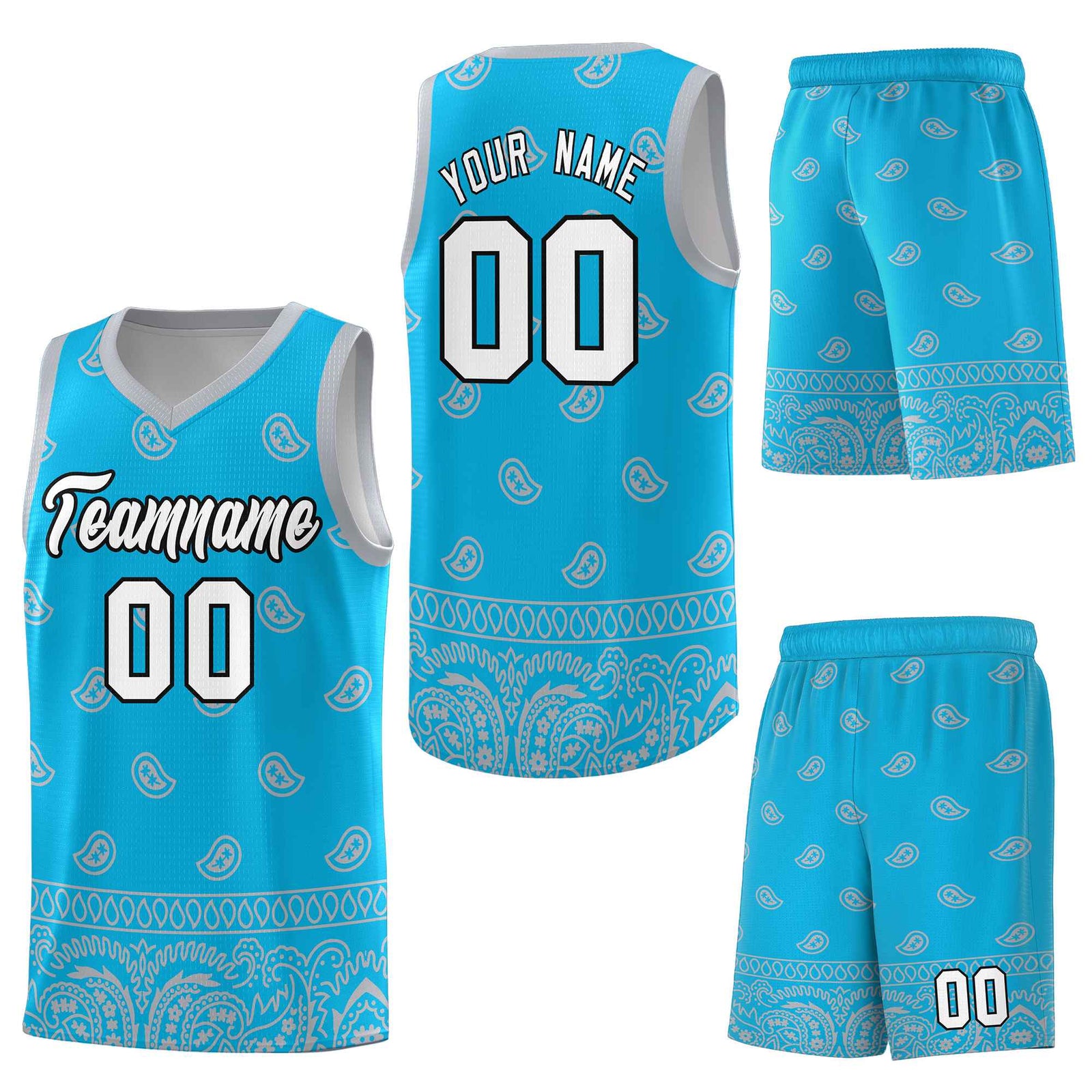 Custom Sky Blue Gray Personalized Cashew Pattern Sports Uniform Basketball Jersey
