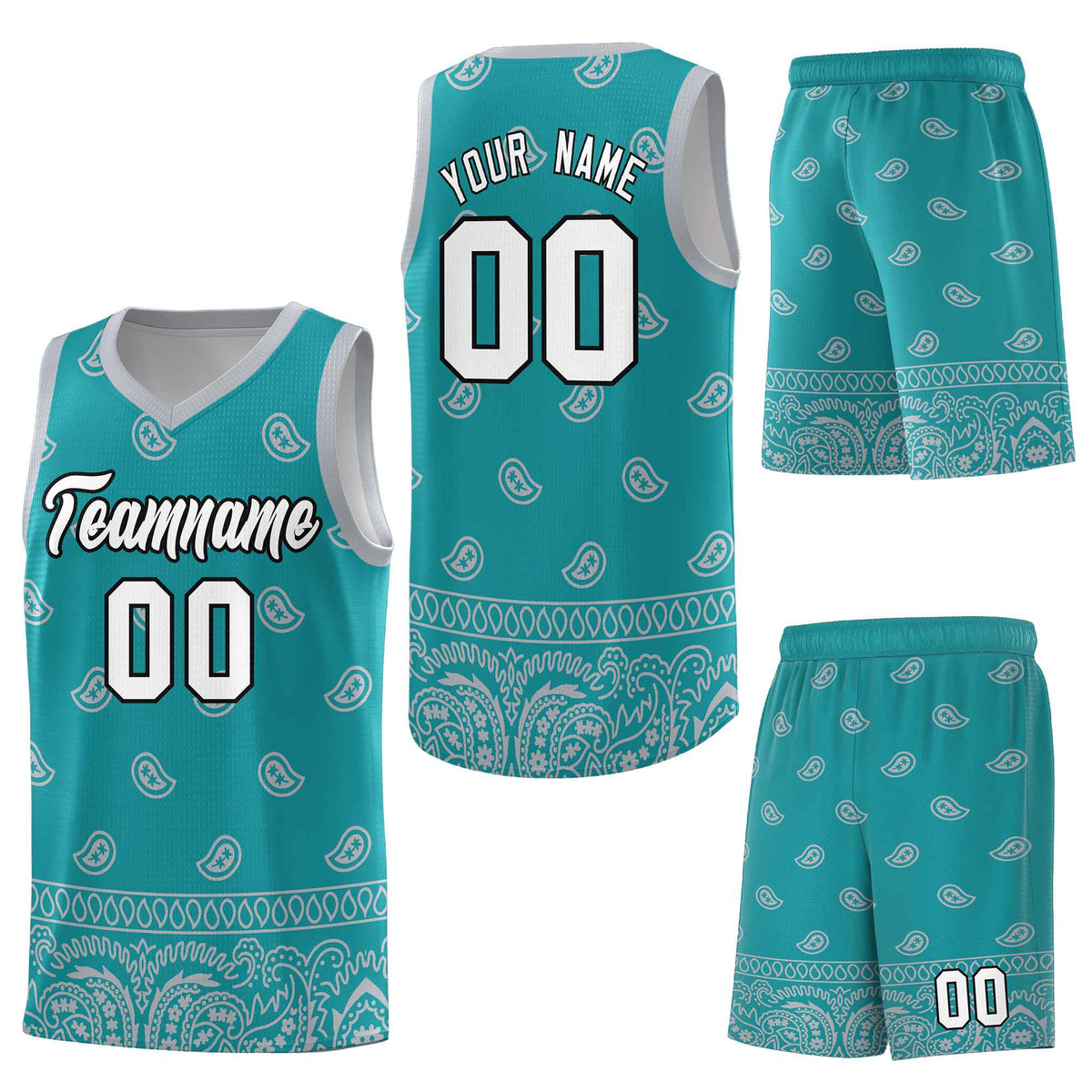 Custom Aqua Gray Personalized Cashew Pattern Sports Uniform Basketball Jersey