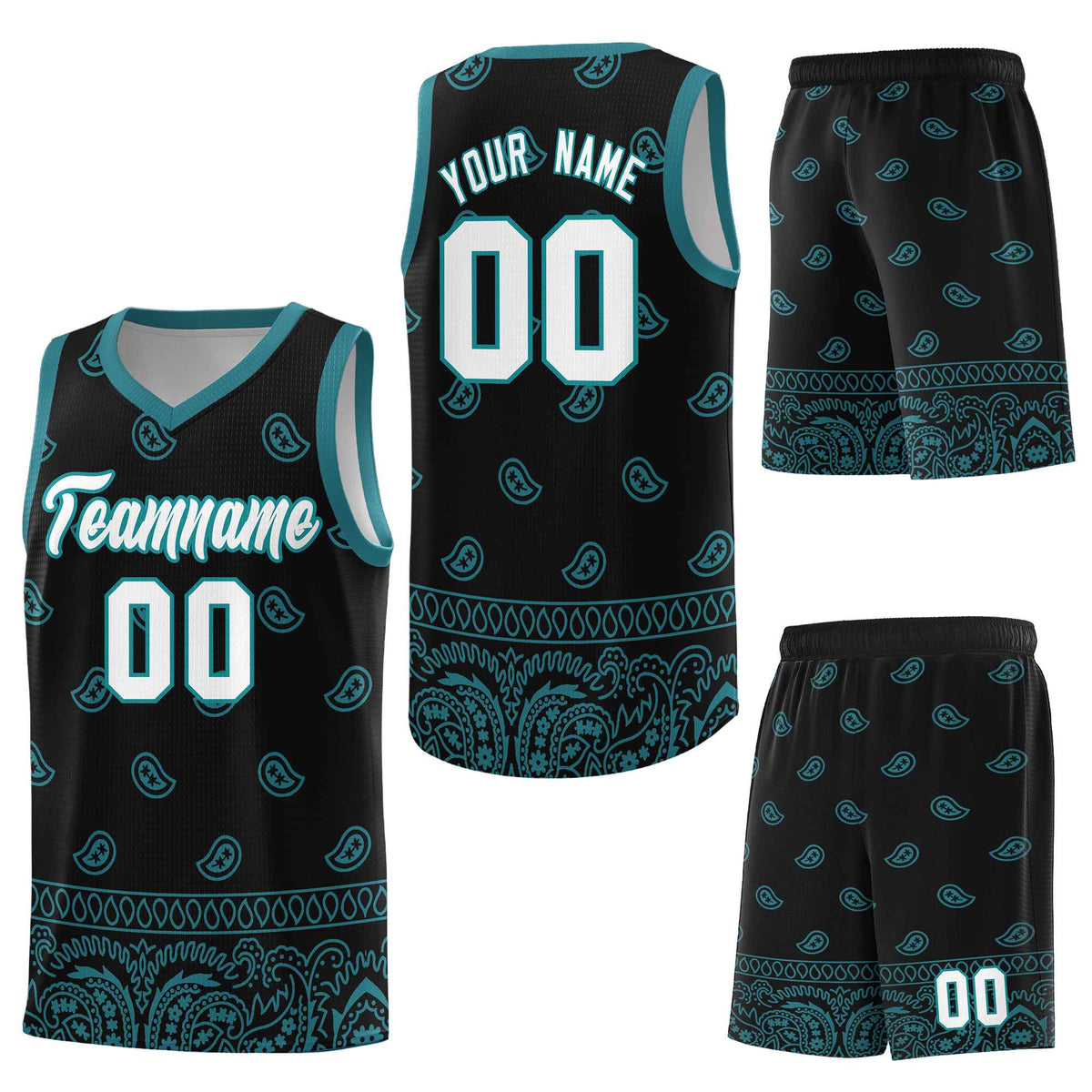 Custom Black Aqua Personalized Cashew Pattern Sports Uniform Basketball Jersey