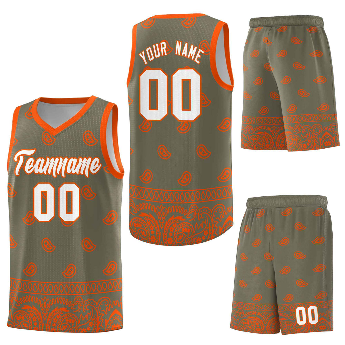 Custom Olive Orange Personalized Cashew Pattern Sports Uniform Basketball Jersey