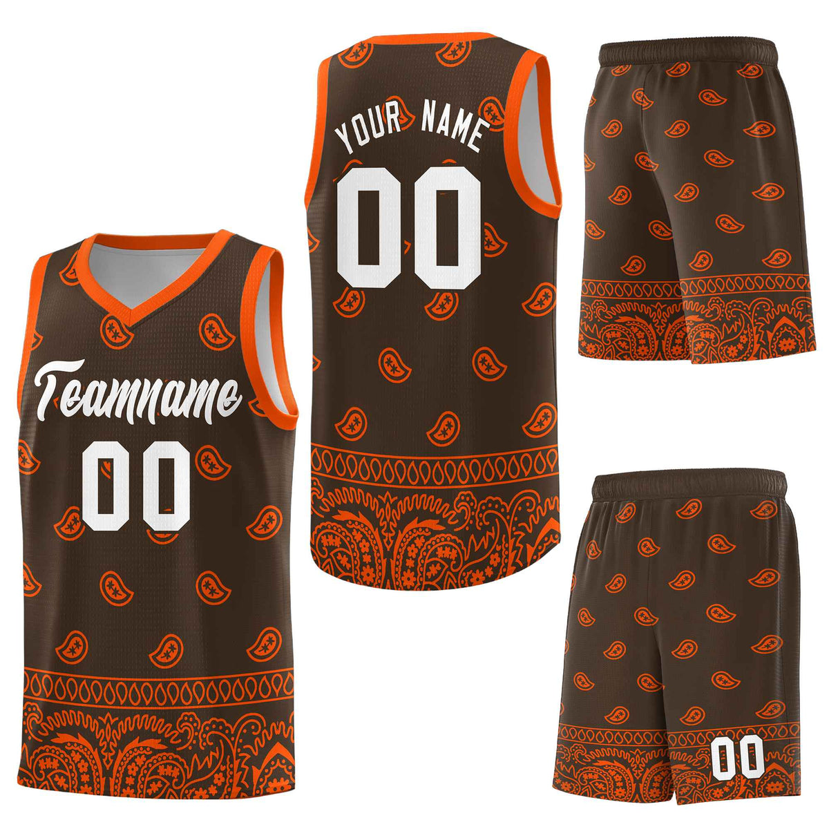 Custom Brown Orange Personalized Cashew Pattern Sports Uniform Basketball Jersey