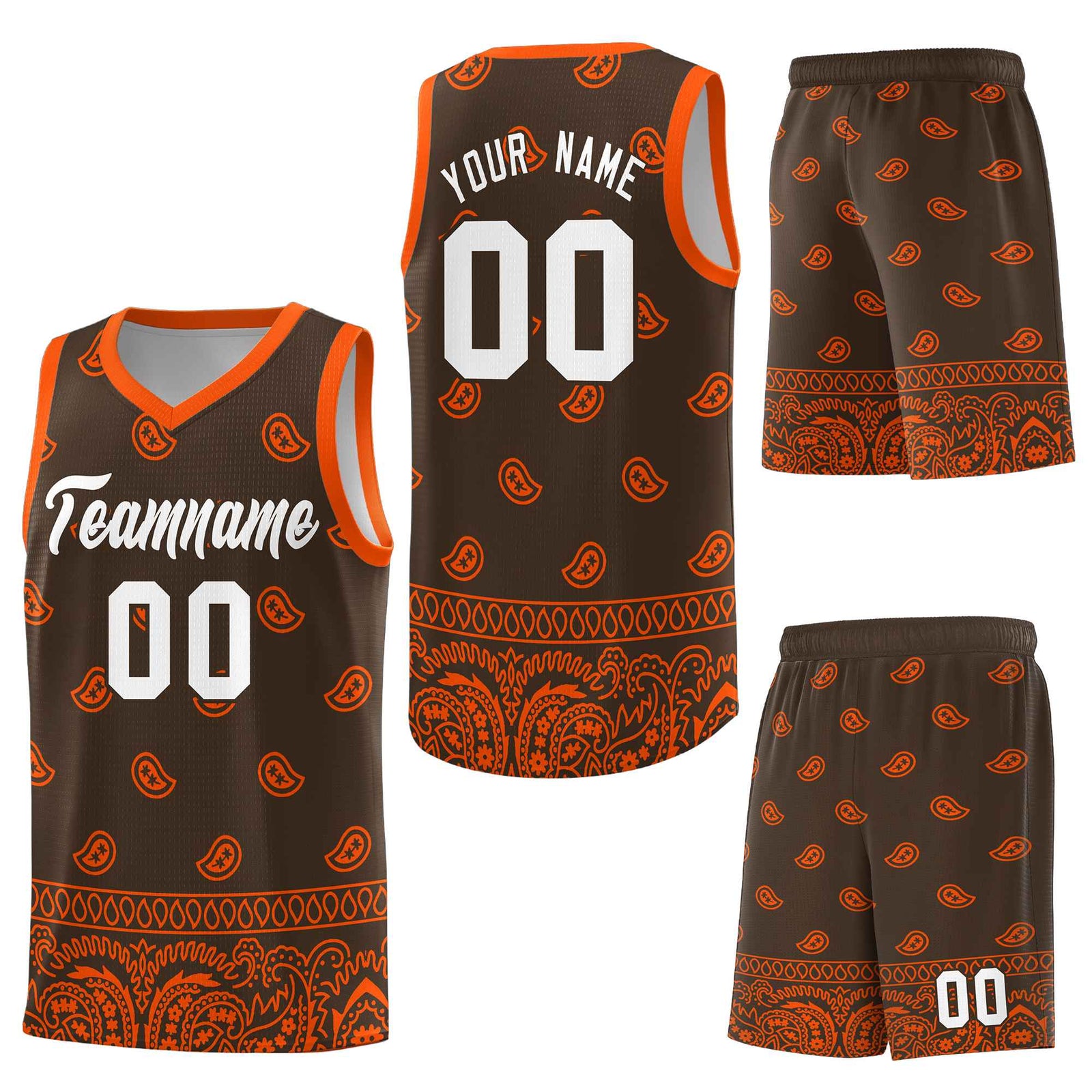 Custom Brown Orange Personalized Cashew Pattern Sports Uniform Basketball Jersey
