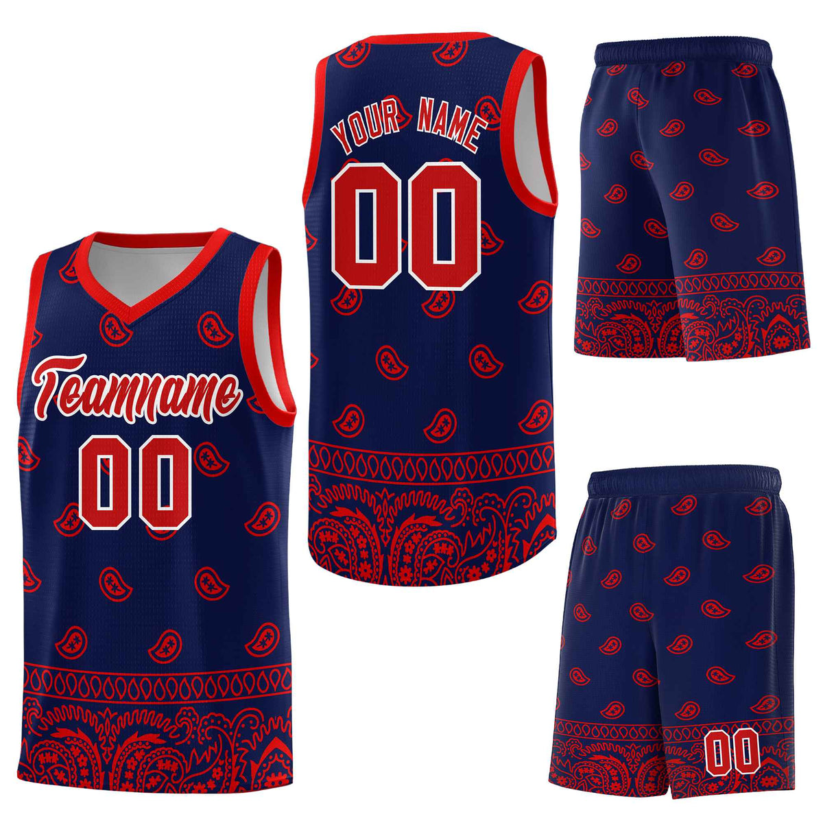 Custom Navy Red Personalized Cashew Pattern Sports Uniform Basketball Jersey