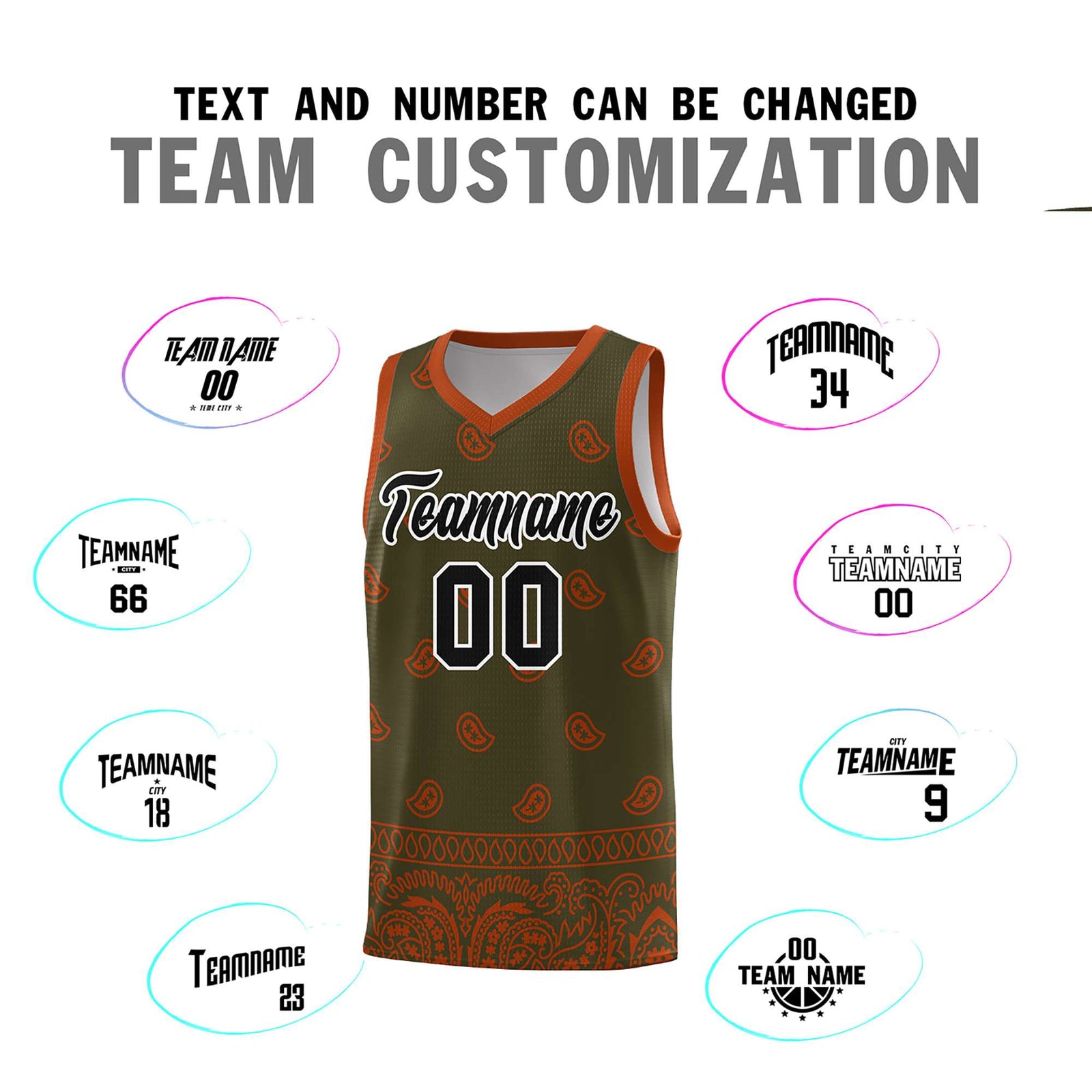 Custom Olive Texas Orange Personalized Cashew Pattern Sports Uniform Basketball Jersey