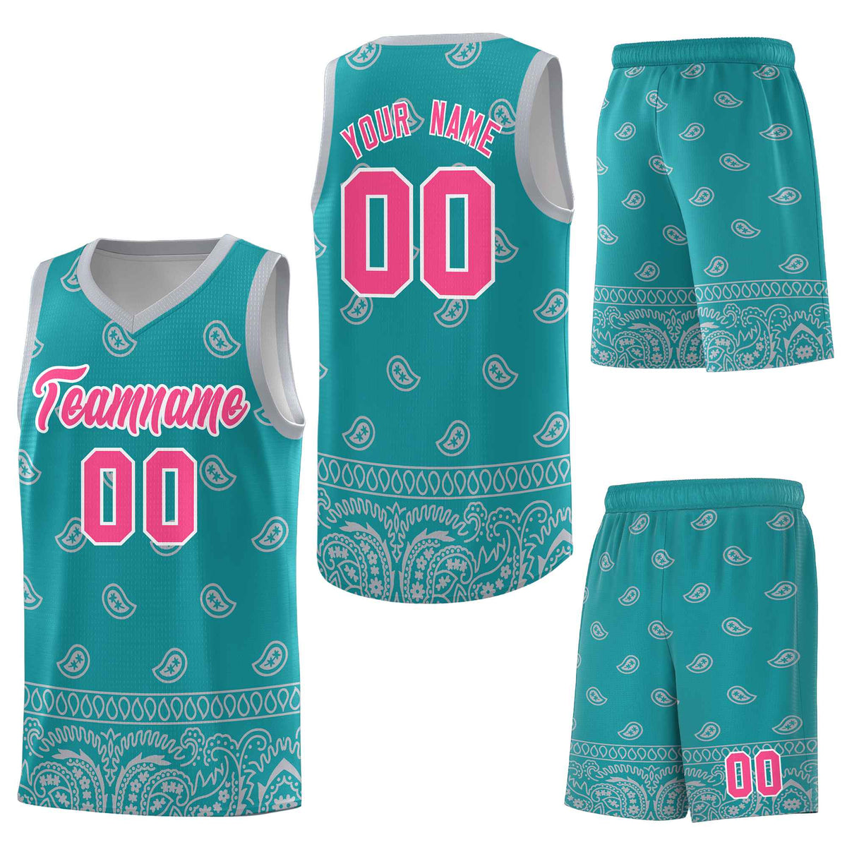 Custom Aqua Gray Personalized Cashew Pattern Sports Uniform Basketball Jersey