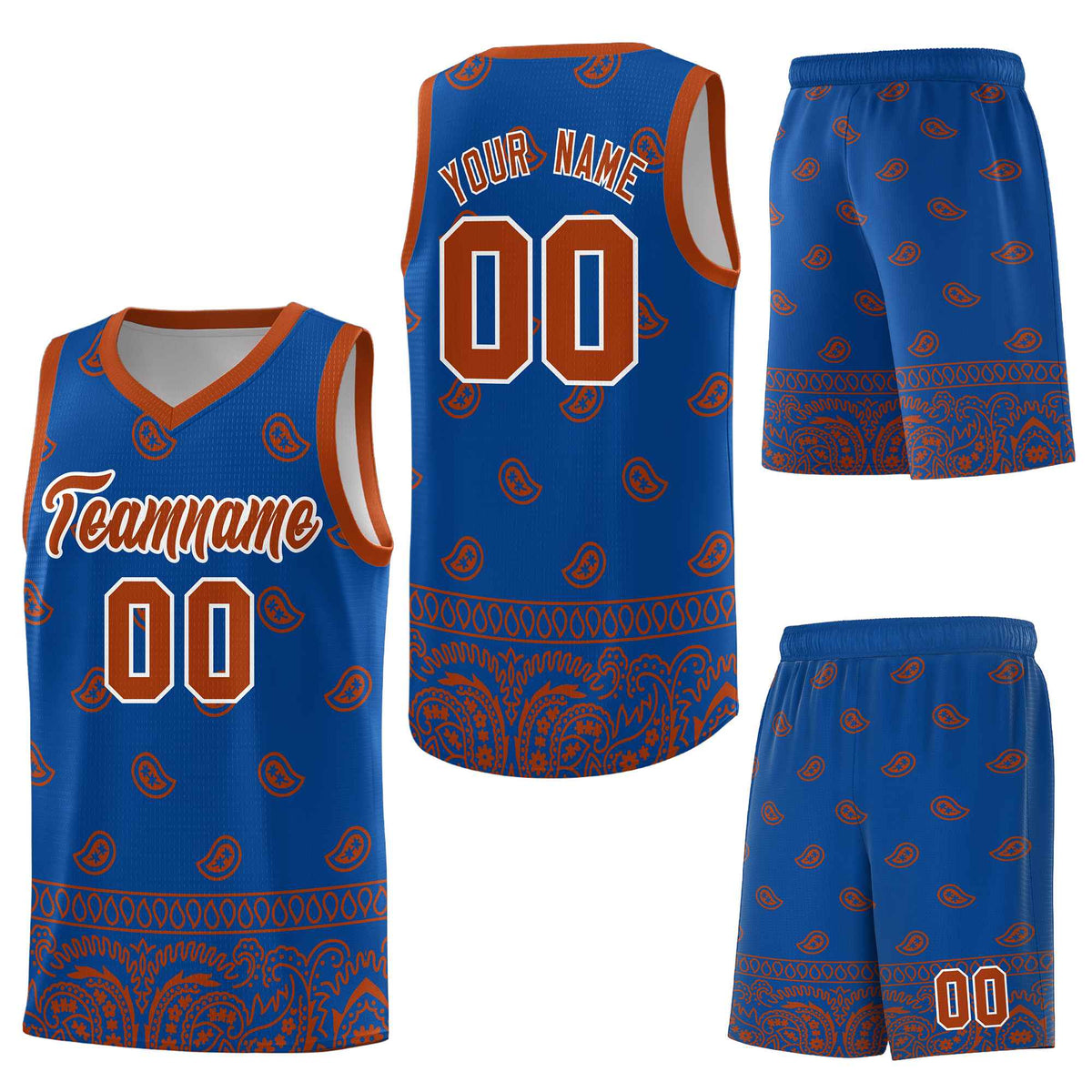 Custom Royal Texas Orange Personalized Cashew Pattern Sports Uniform Basketball Jersey