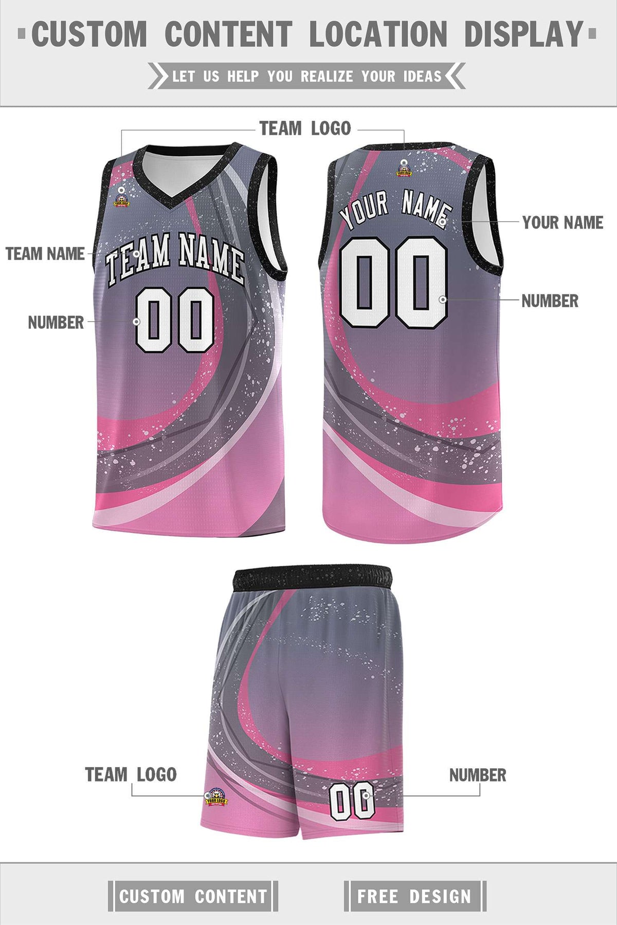 Custom Dark Gray Pink Personalized Galaxy Graffiti Pattern Sports Uniform Basketball Jersey