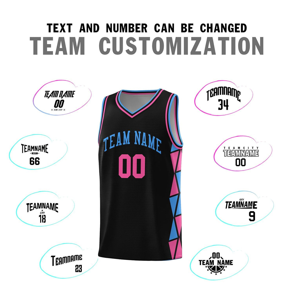 Custom Black Powder Blue-Pink Side Two-Color Triangle Splicing Sports Uniform Basketball Jersey