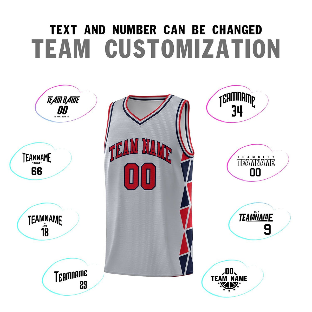 Custom Gray Red-Navy Side Two-Color Triangle Splicing Sports Uniform Basketball Jersey