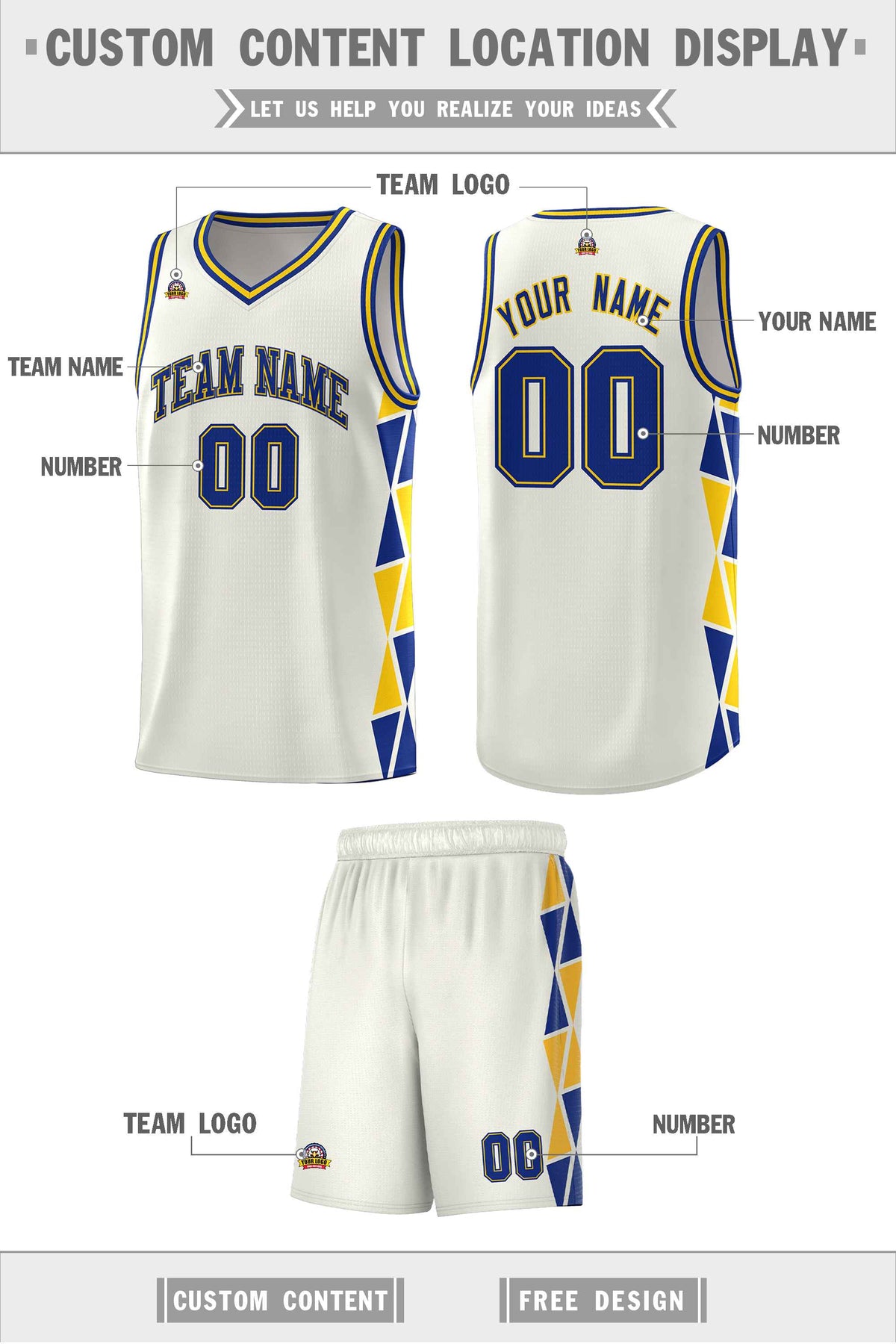 Custom Cream Royal-Gold Side Two-Color Triangle Splicing Sports Uniform Basketball Jersey