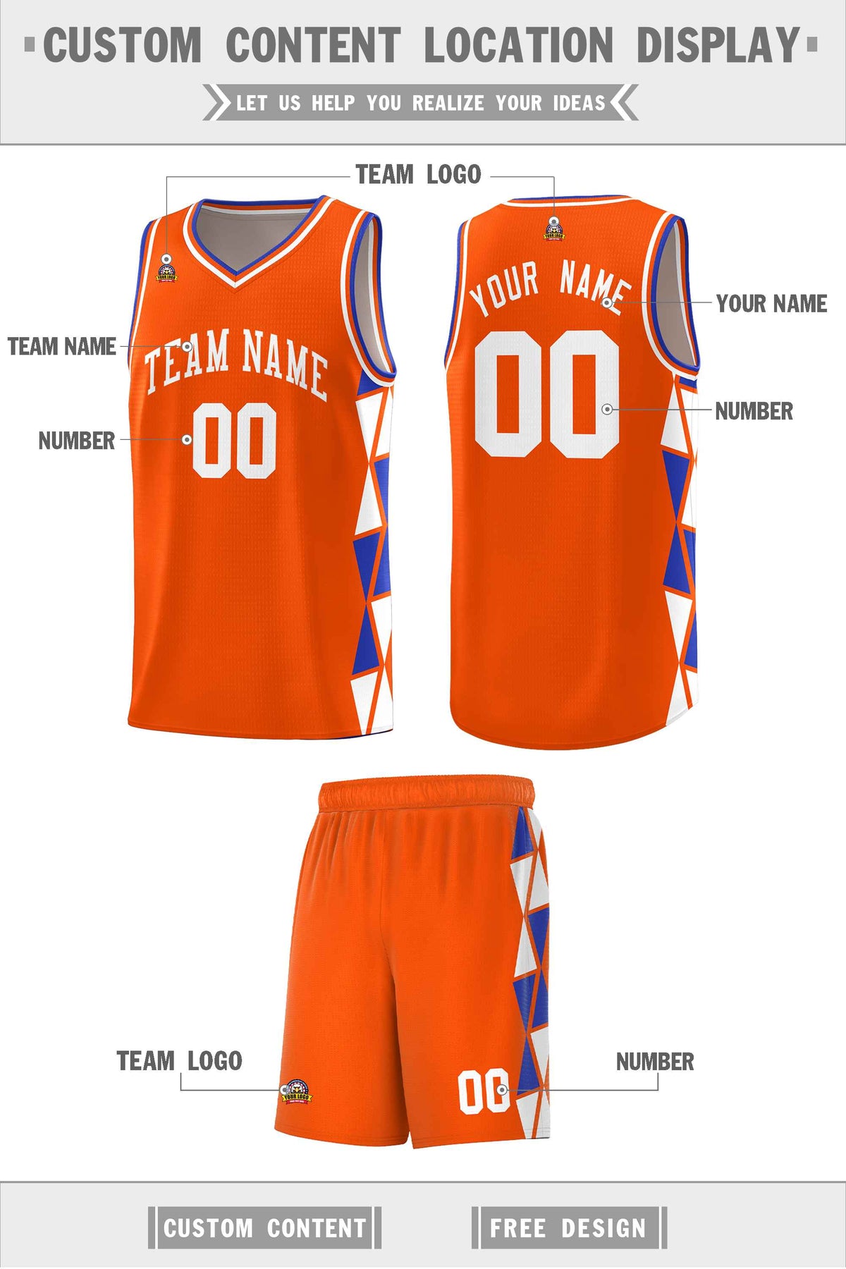 Custom Orange Royal-White Side Two-Color Triangle Splicing Sports Uniform Basketball Jersey