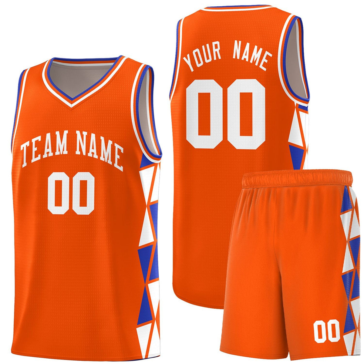 Custom Orange Royal-White Side Two-Color Triangle Splicing Sports Uniform Basketball Jersey