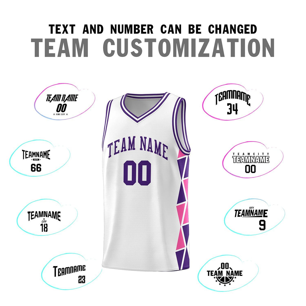 Custom White Purple-Pink Side Two-Color Triangle Splicing Sports Uniform Basketball Jersey