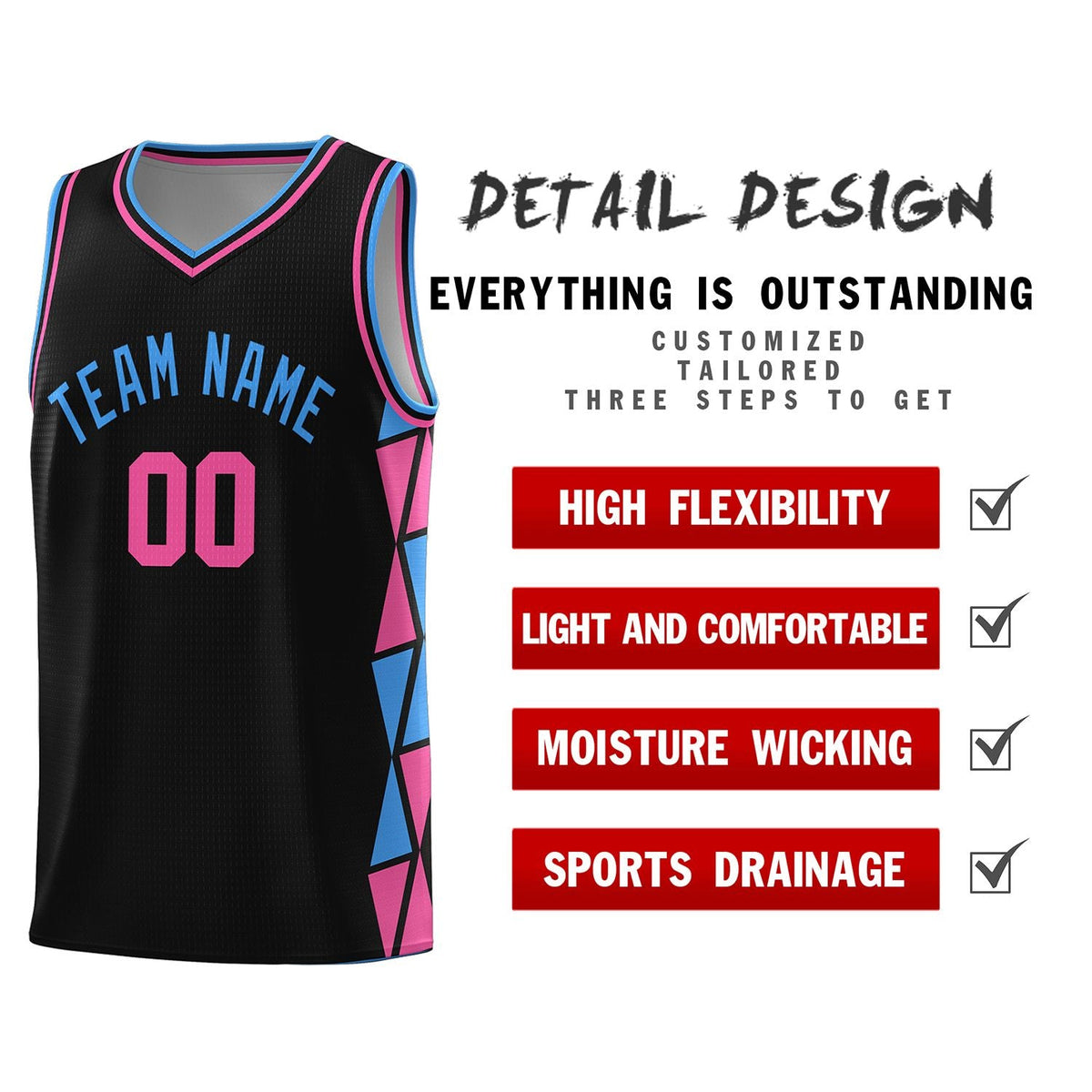 Custom Black Powder Blue-Pink Side Two-Color Triangle Splicing Sports Uniform Basketball Jersey