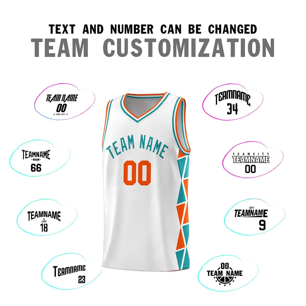 Custom White Orange-Aqua Side Two-Color Triangle Splicing Sports Uniform Basketball Jersey