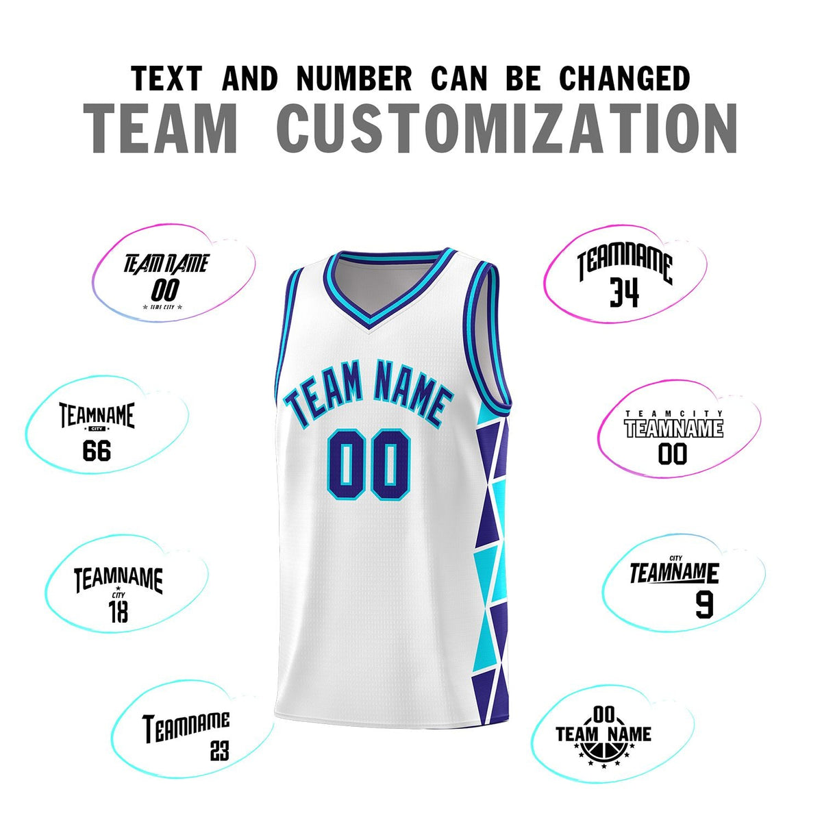 Custom White Violet-Sky Blue Side Two-Color Triangle Splicing Sports Uniform Basketball Jersey