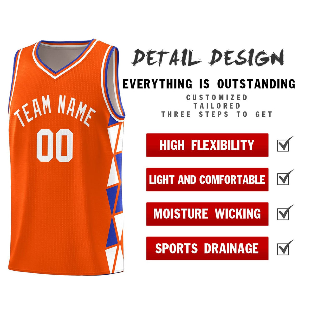 Custom Orange Royal-White Side Two-Color Triangle Splicing Sports Uniform Basketball Jersey