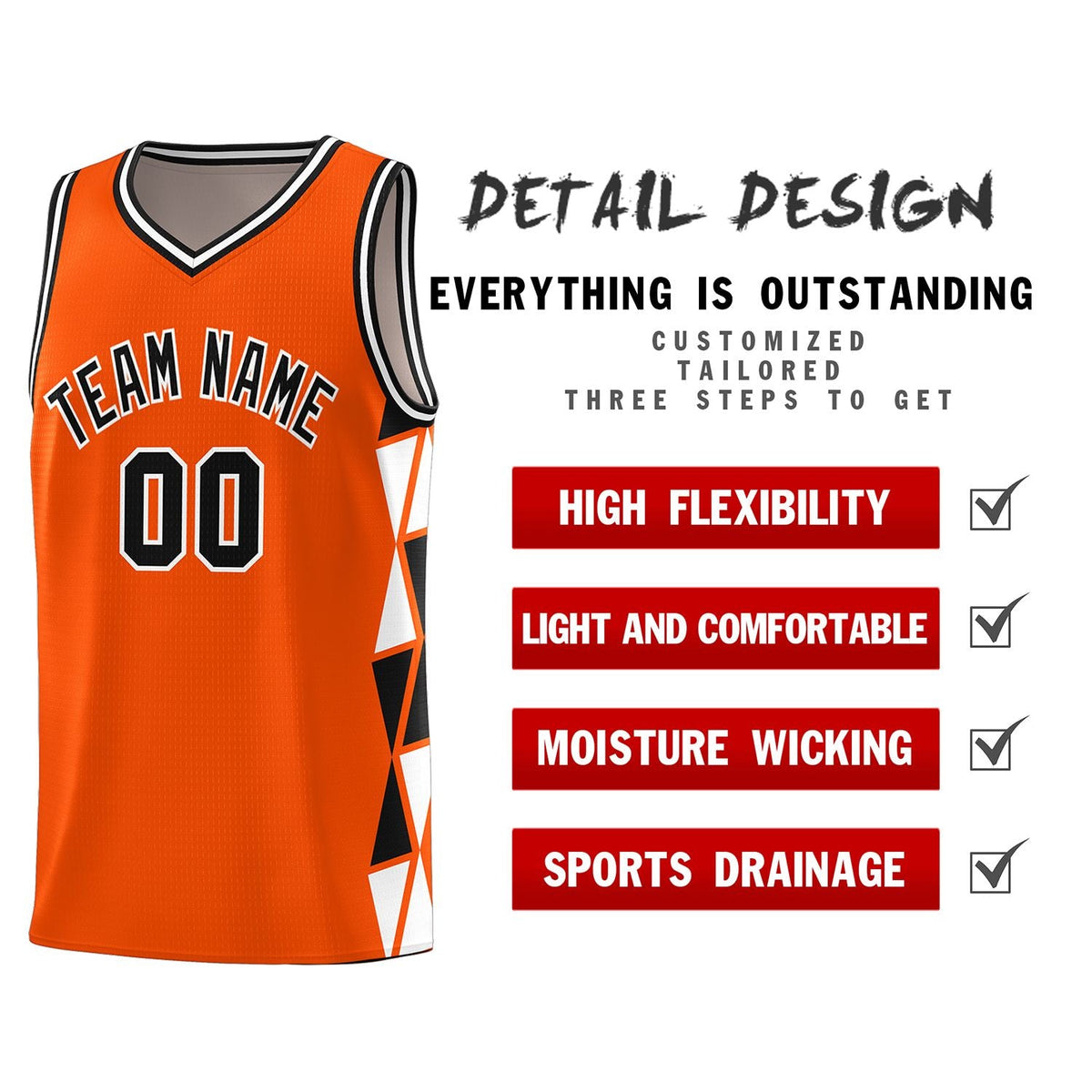 Custom Orange Black-White Side Two-Color Triangle Splicing Sports Uniform Basketball Jersey
