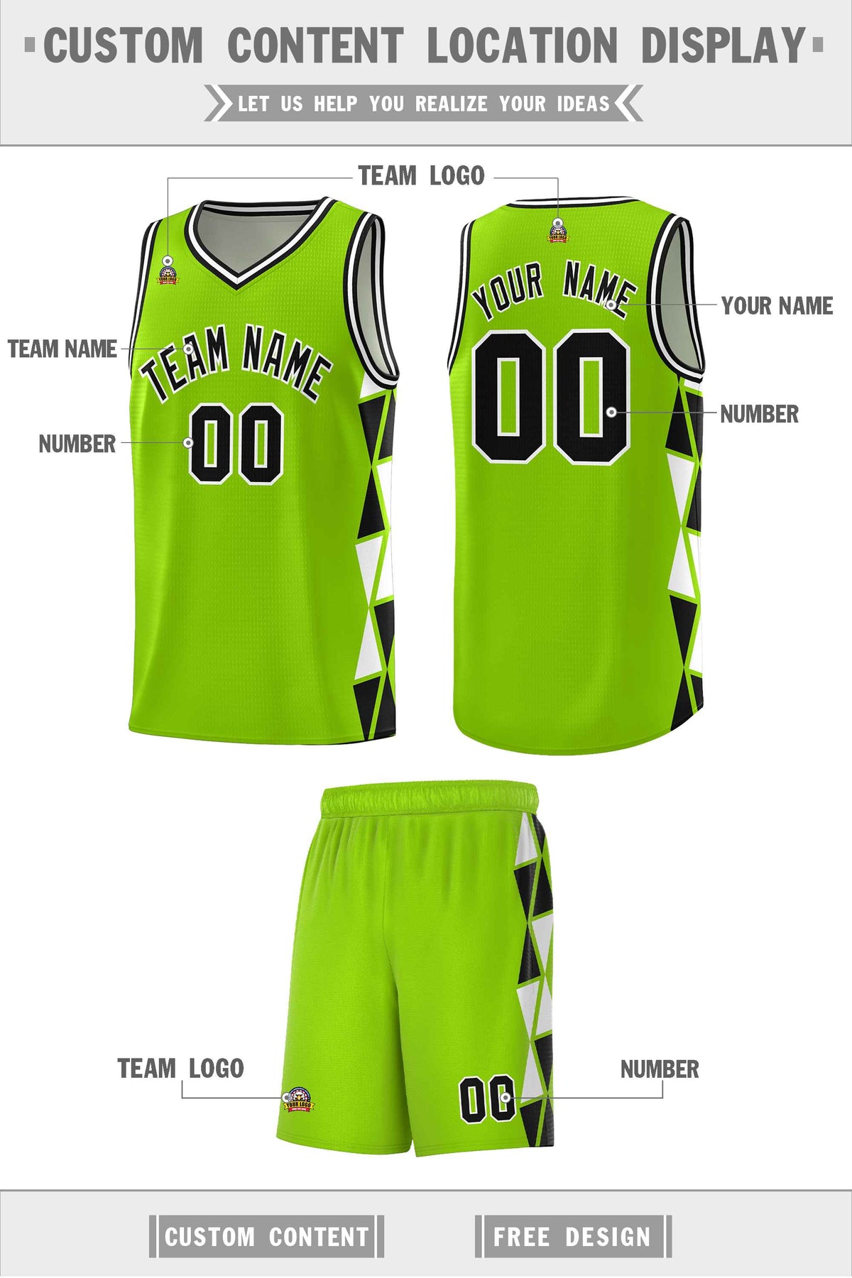 Custom Neon Green Black-White Side Two-Color Triangle Splicing Sports Uniform Basketball Jersey