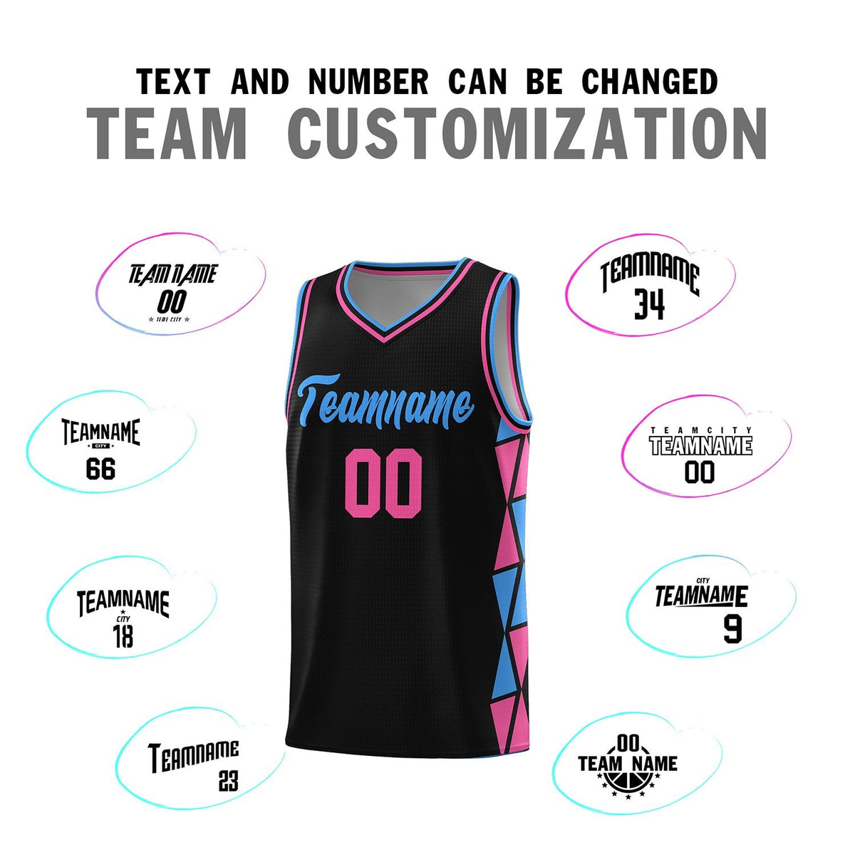Custom Black Powder Blue-Pink Side Two-Color Triangle Splicing Sports Uniform Basketball Jersey