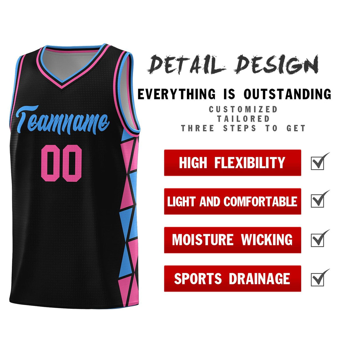 Custom Black Powder Blue-Pink Side Two-Color Triangle Splicing Sports Uniform Basketball Jersey