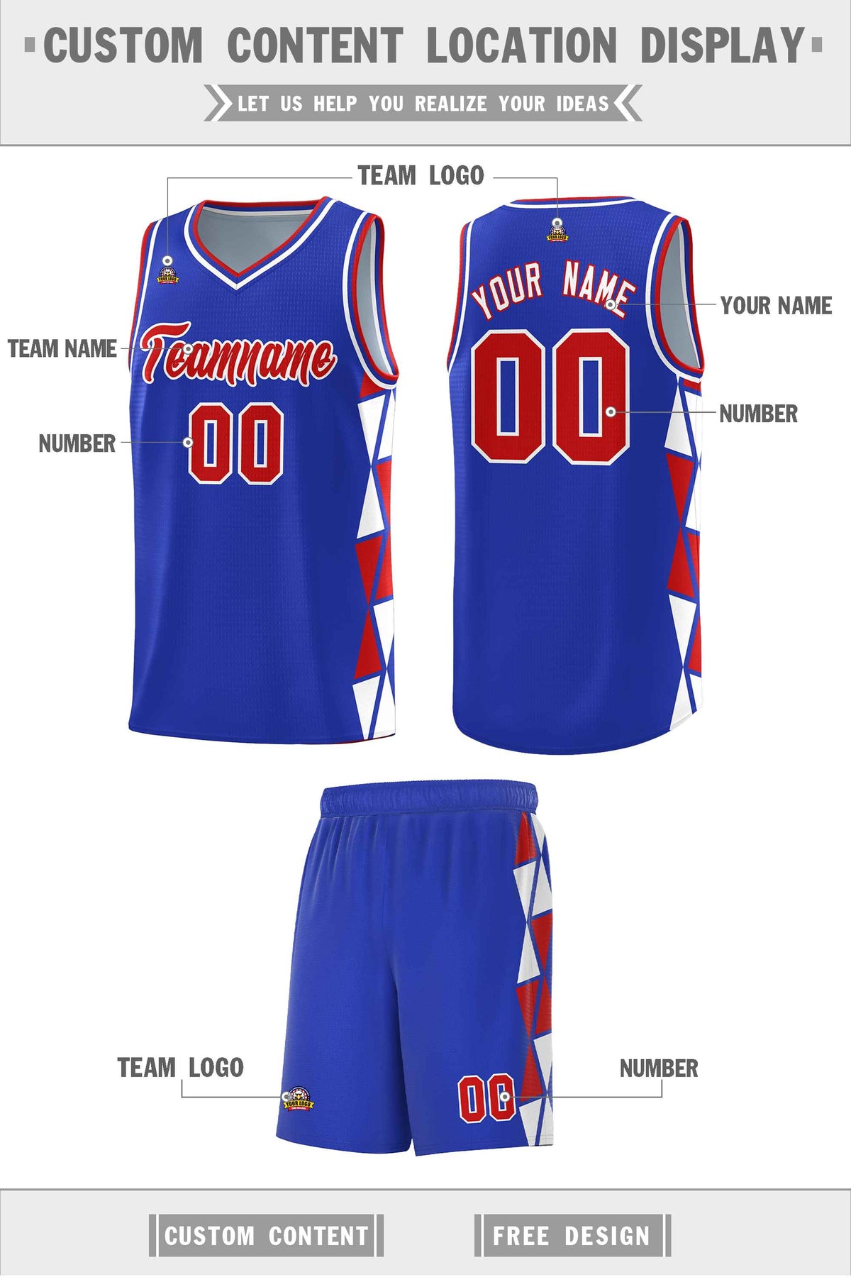 Custom Royal Red-White Side Two-Color Triangle Splicing Sports Uniform Basketball Jersey