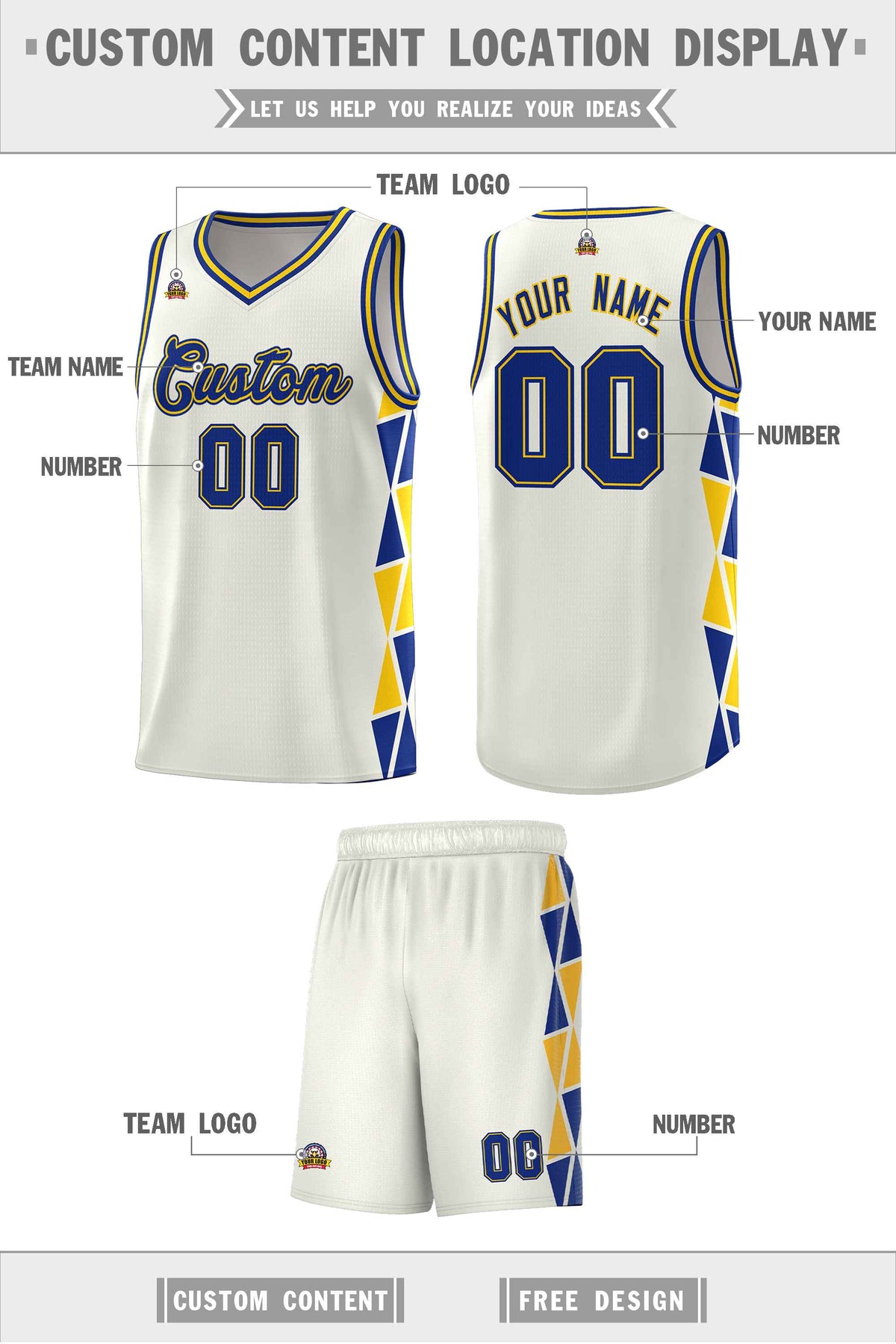 Custom Cream Royal-Gold Side Two-Color Triangle Splicing Sports Uniform Basketball Jersey