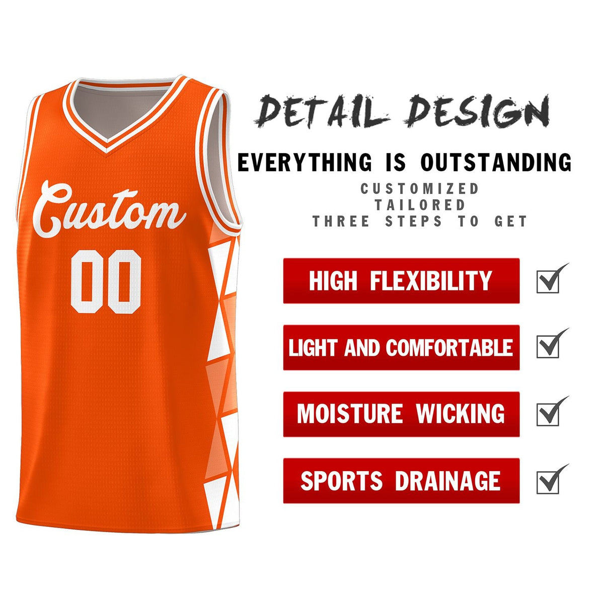 Custom Orange White-Light Orange Side Two-Color Triangle Splicing Sports Uniform Basketball Jersey