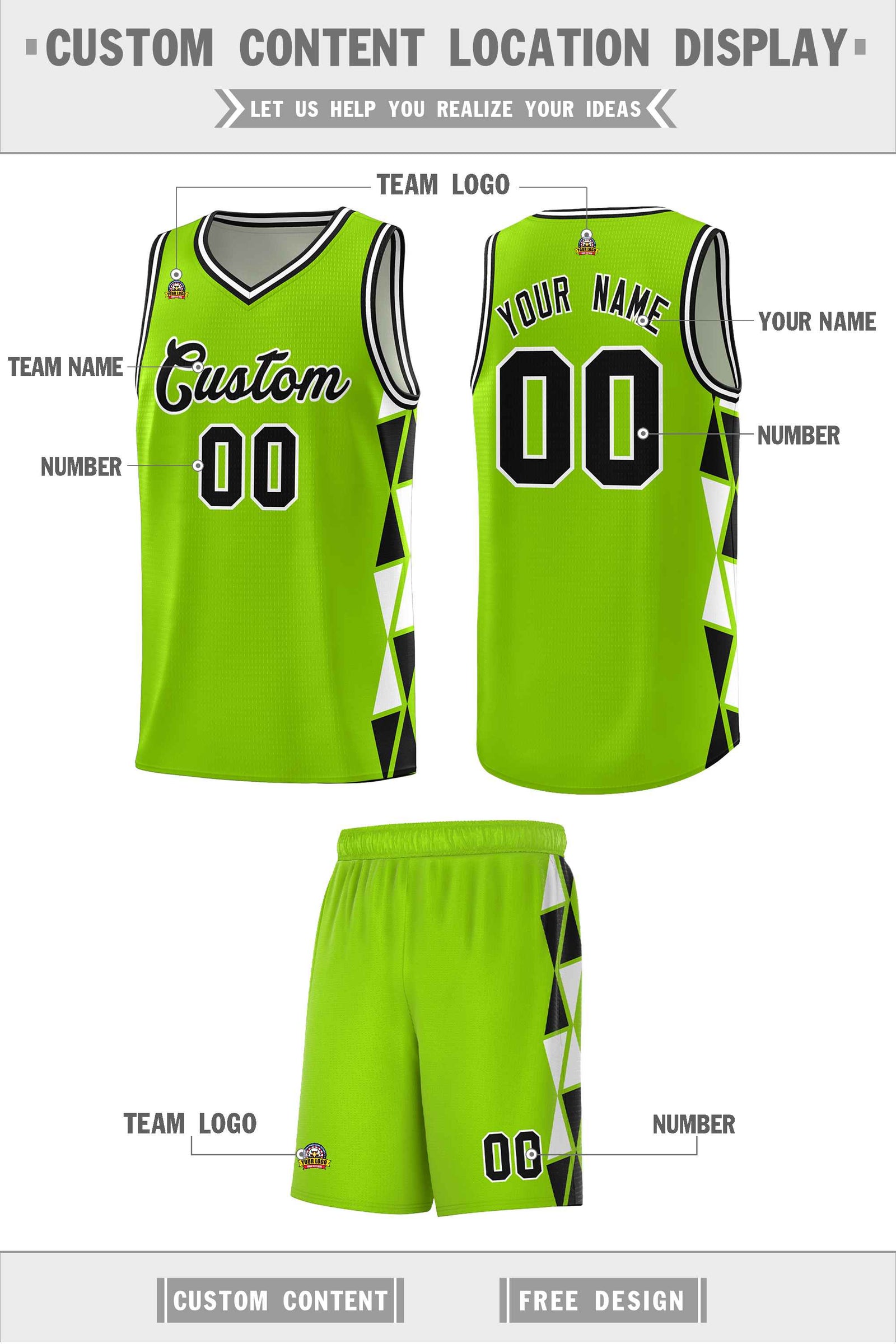 Custom Neon Green Black-White Side Two-Color Triangle Splicing Sports Uniform Basketball Jersey