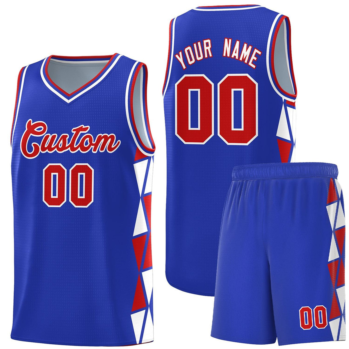 Custom Royal Red-White Side Two-Color Triangle Splicing Sports Uniform Basketball Jersey