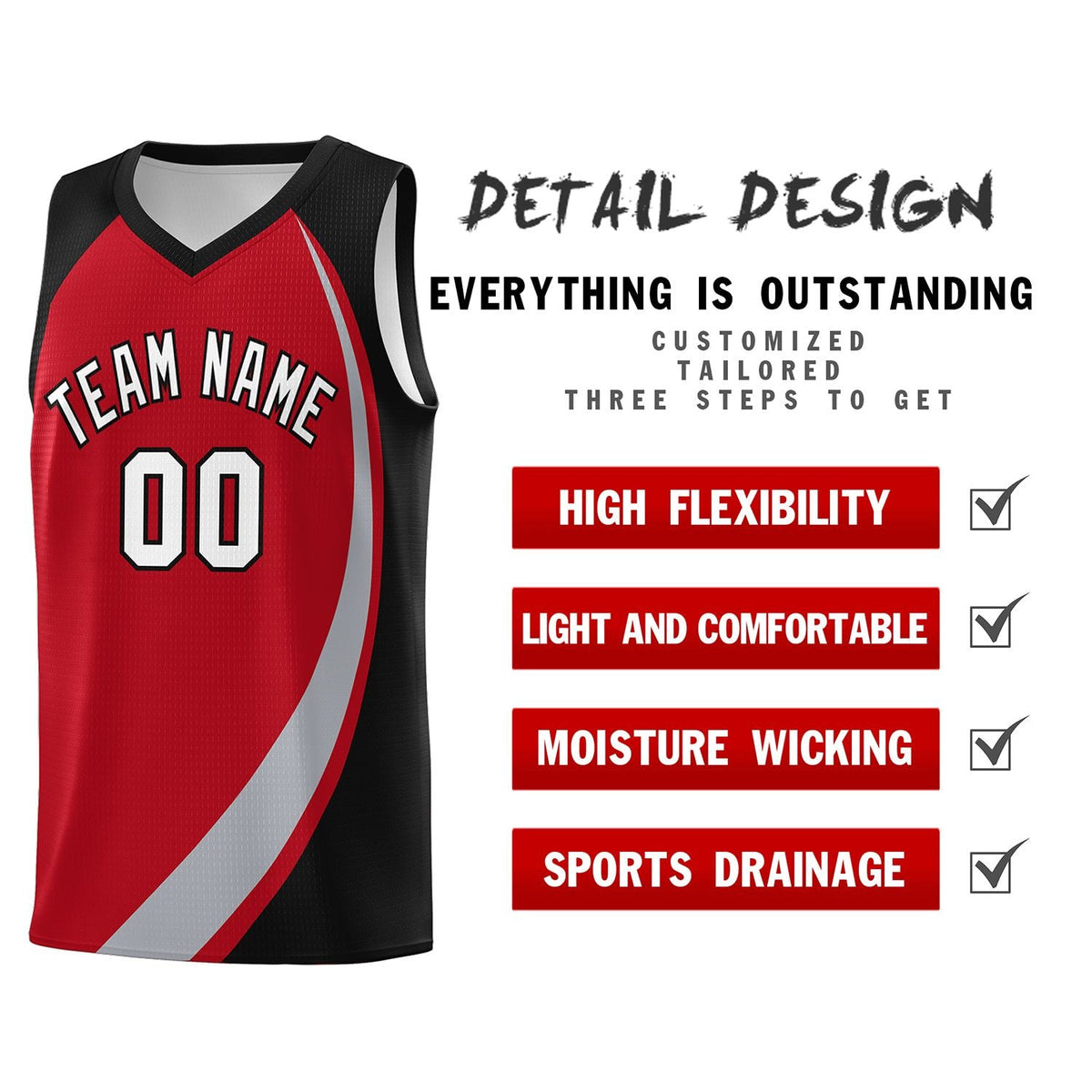 Custom Red Gray-Black Color Block Sports Uniform Basketball Jersey