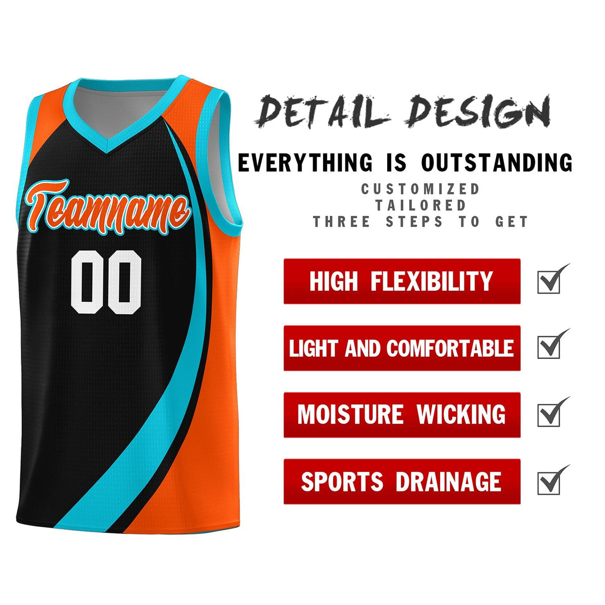 Custom Black Sky Blue-Orange Color Block Sports Uniform Basketball Jersey