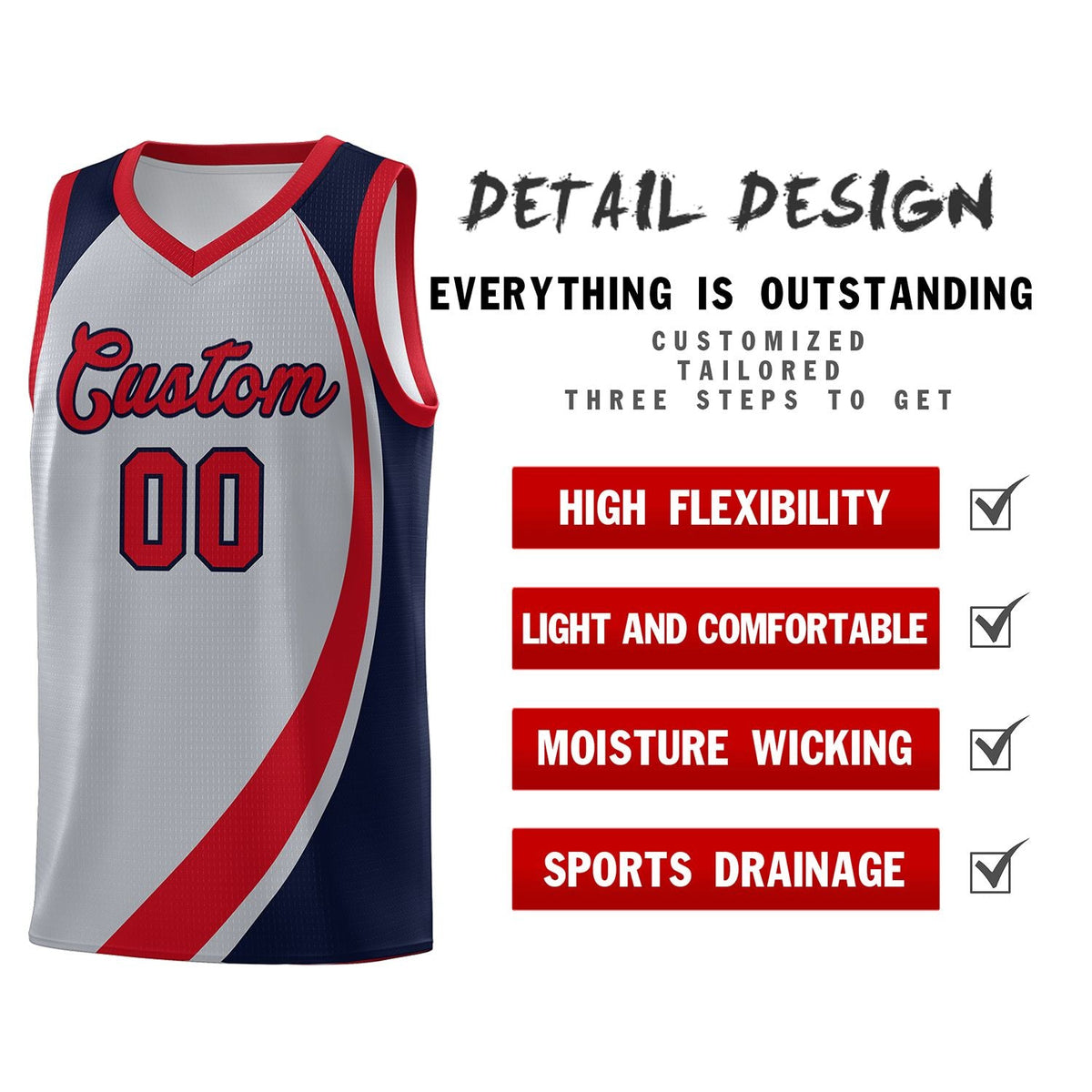Custom Gray Red-Navy Color Block Sports Uniform Basketball Jersey