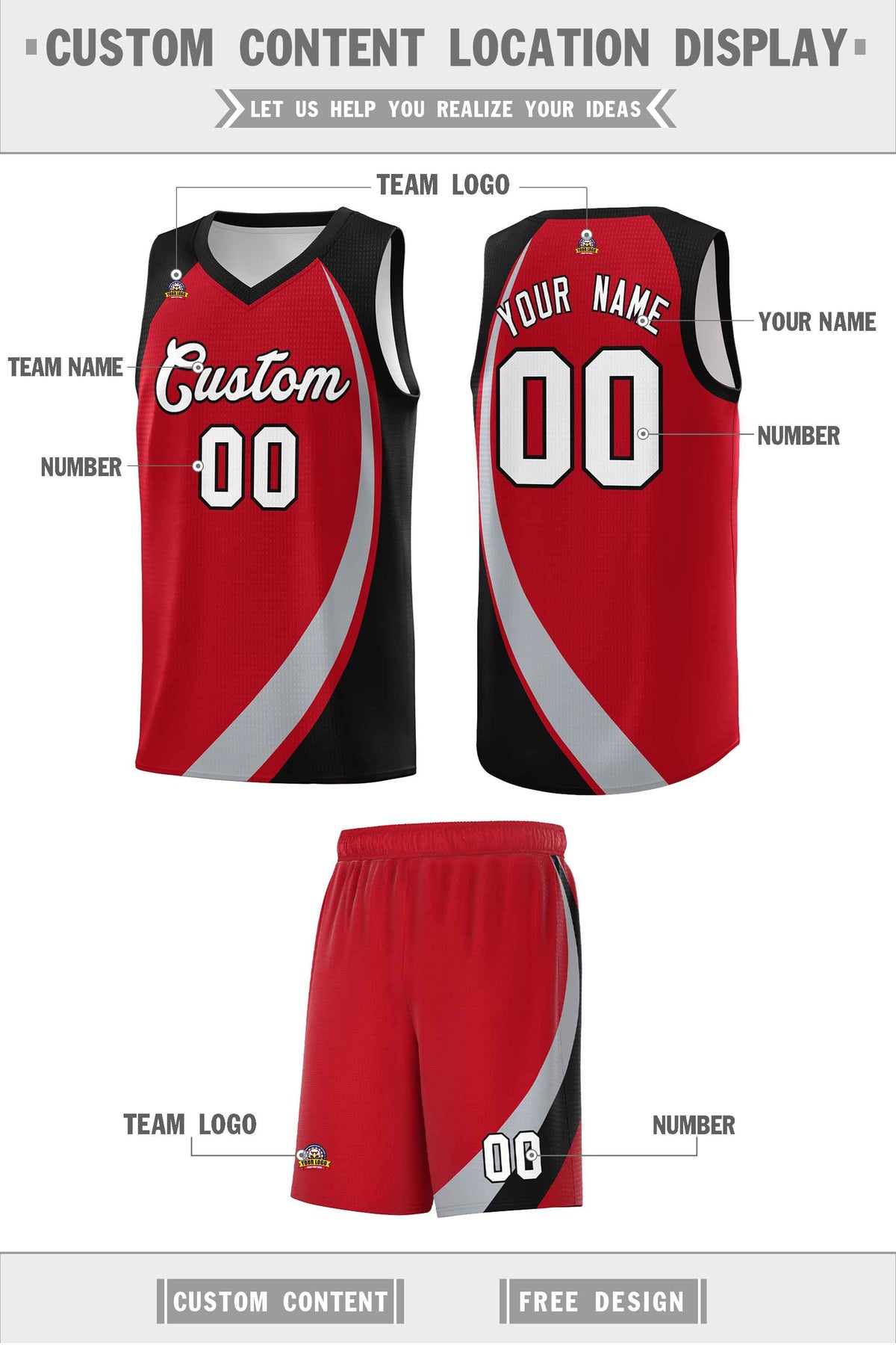 Custom Red Gray-Black Color Block Sports Uniform Basketball Jersey