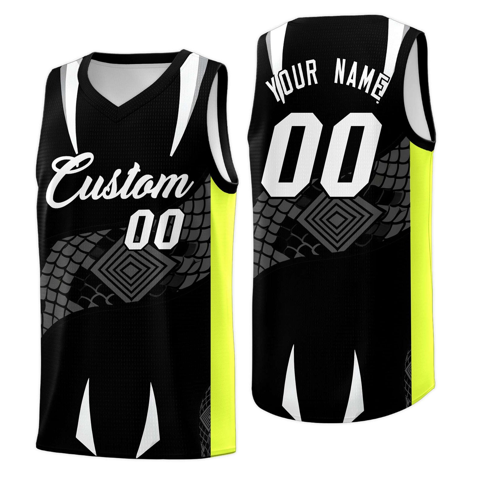 Custom Black Neon Green Snake Scale Venomous Fang Breathable Graffiti Pattern Basketball Suit Jersey