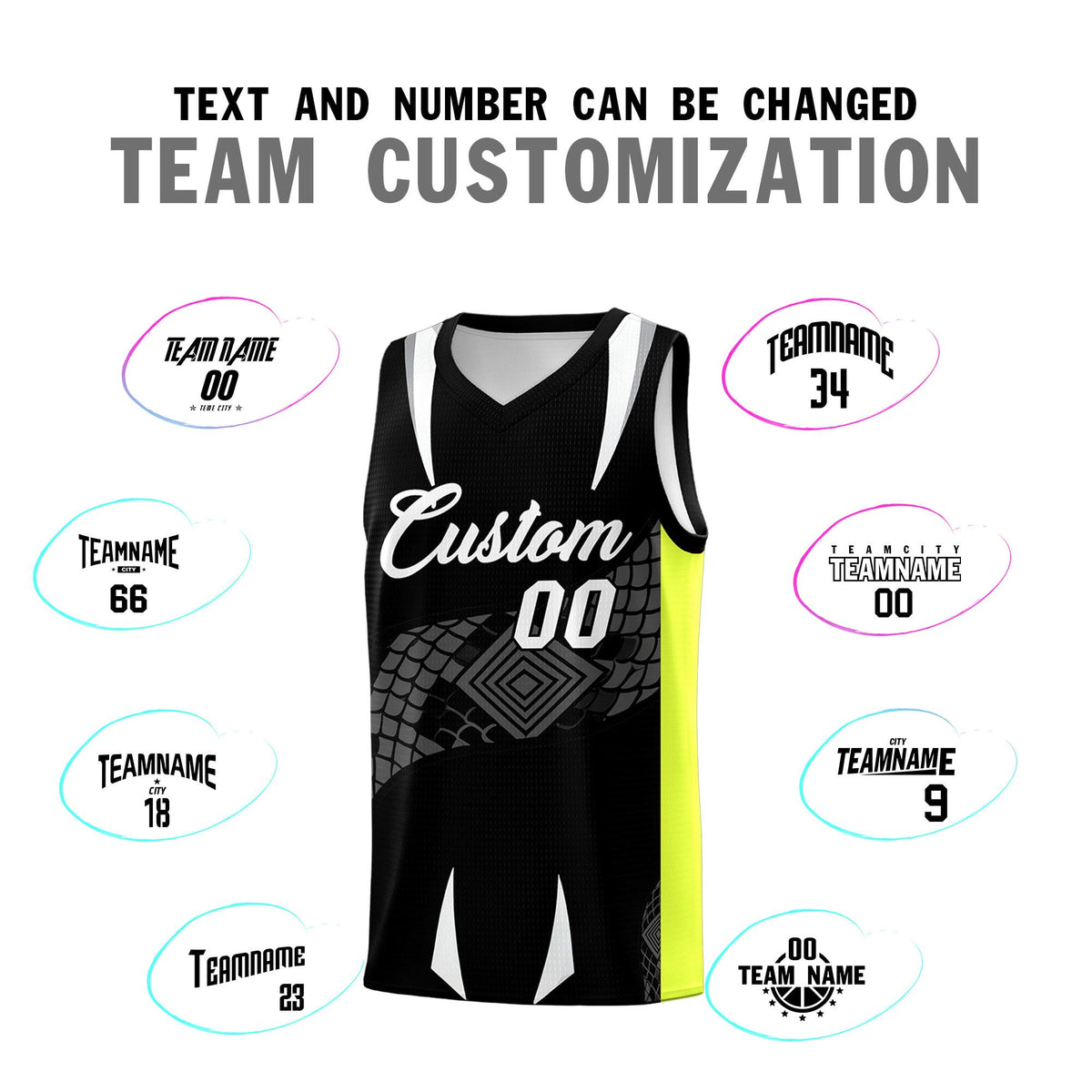 Custom Black Neon Green Snake Scale Venomous Fang Breathable Graffiti Pattern Basketball Suit Jersey