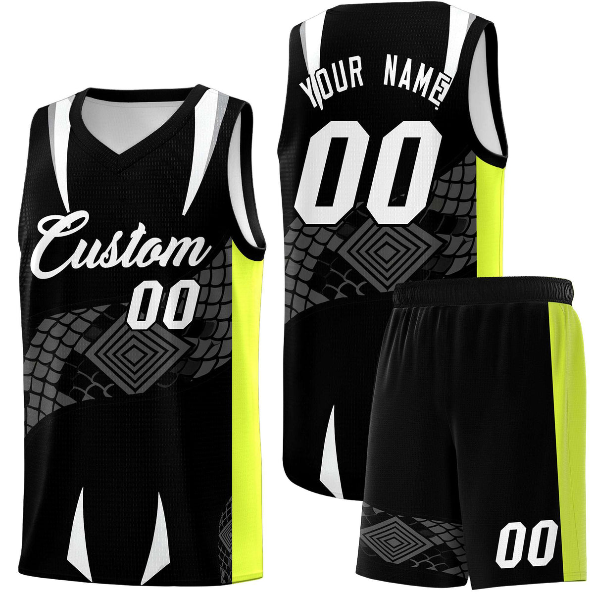 Custom Black Neon Green Snake Scale Venomous Fang Breathable Graffiti Pattern Basketball Suit Jersey