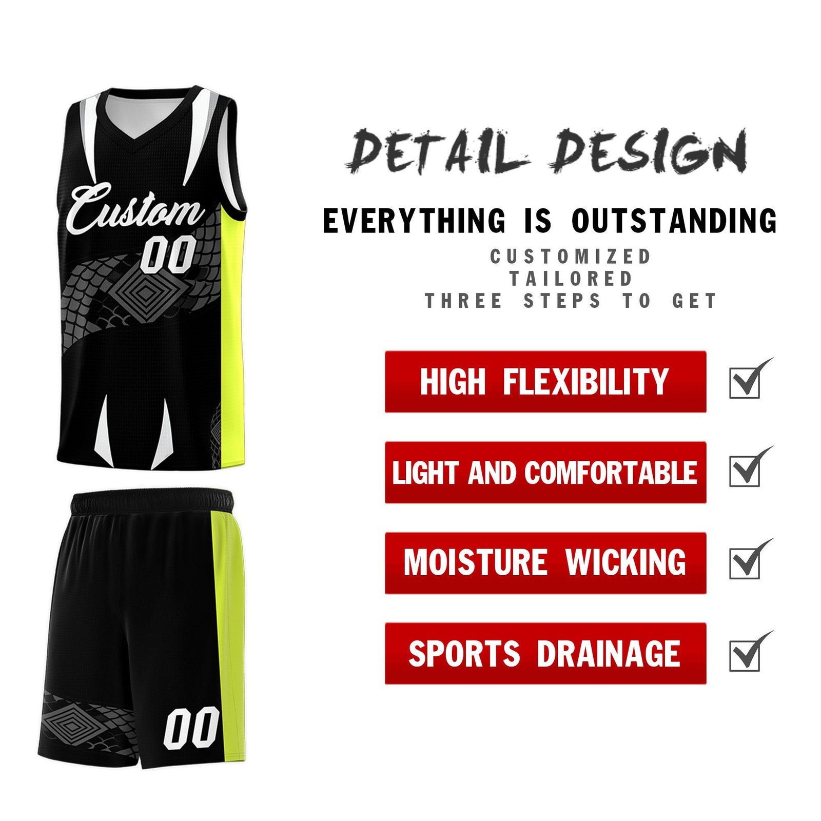 Custom Black Neon Green Snake Scale Venomous Fang Breathable Graffiti Pattern Basketball Suit Jersey