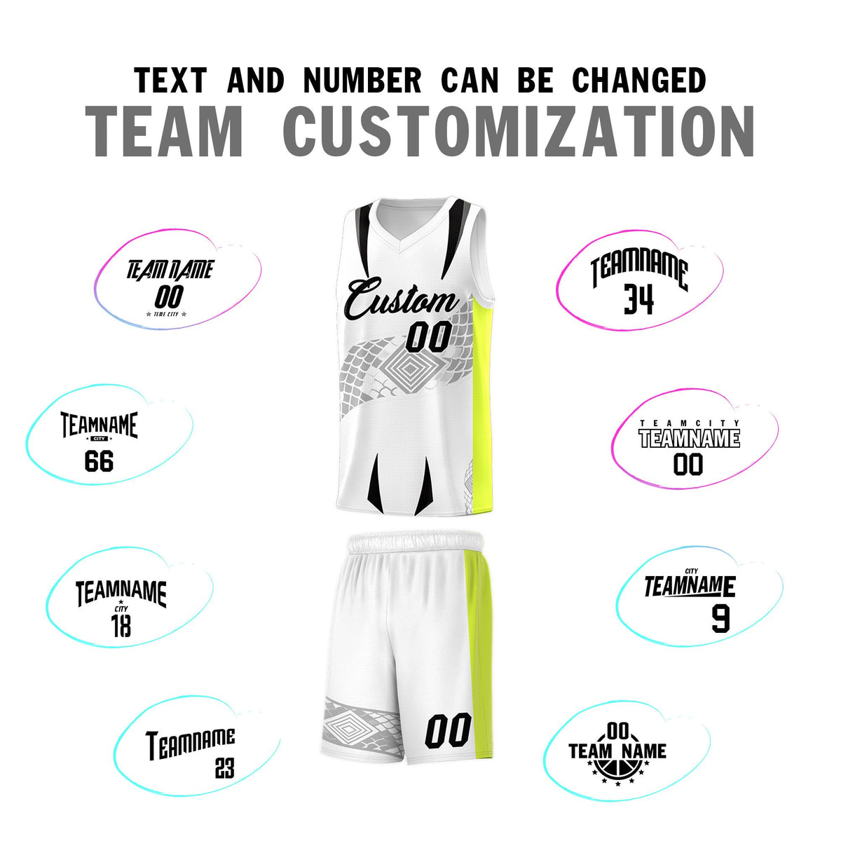 Custom White Neon Green Snake Scale Venomous Fang for Clubs Graffiti Pattern Basketball Suit Jersey