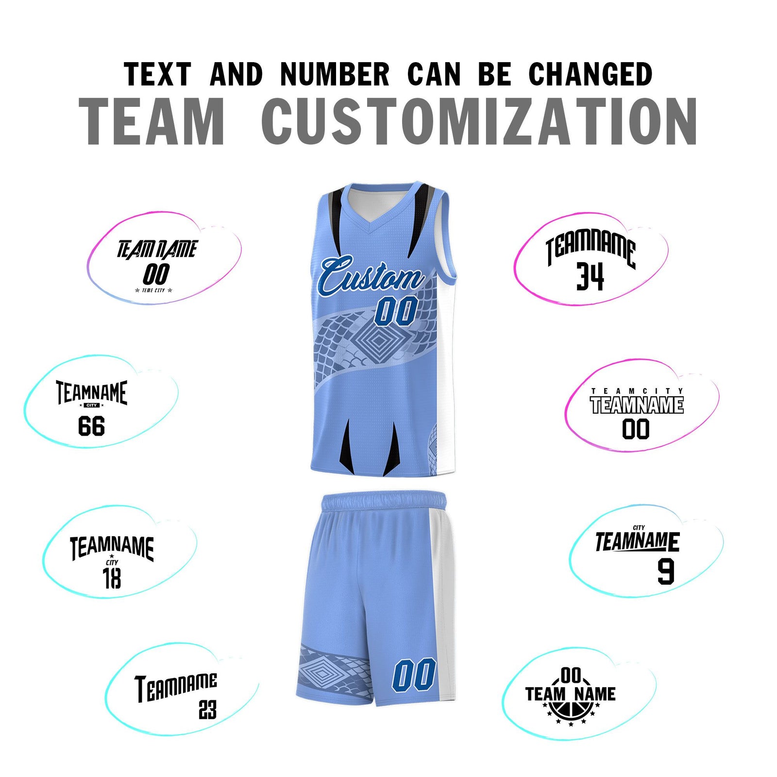Custom Light Blue White Snake Scale Venomous Fang for Clubs Graffiti Pattern Basketball Suit Jersey