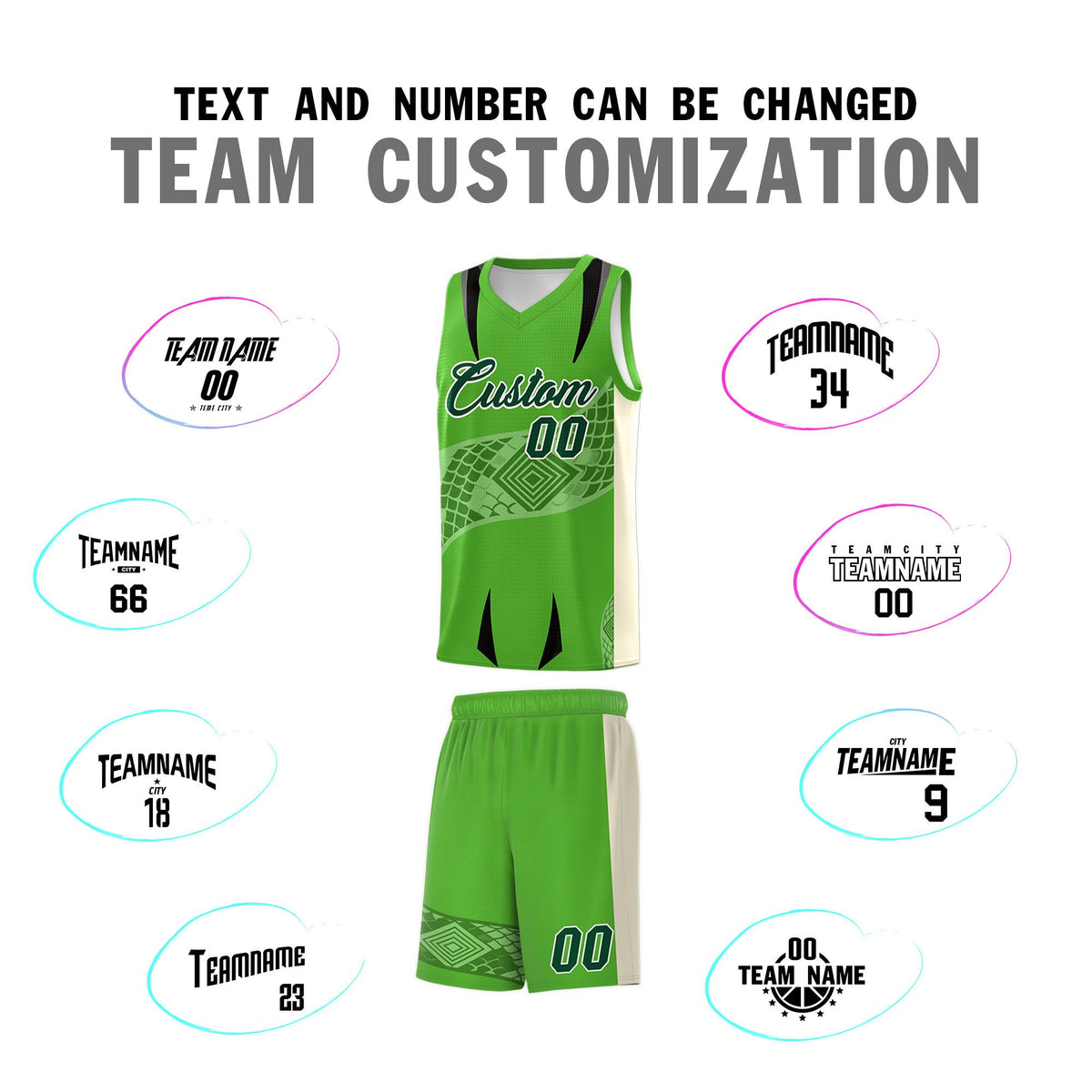 Custom Light Green Cream Snake Scale Venomous Fang for Team Graffiti Pattern Basketball Suit Jersey
