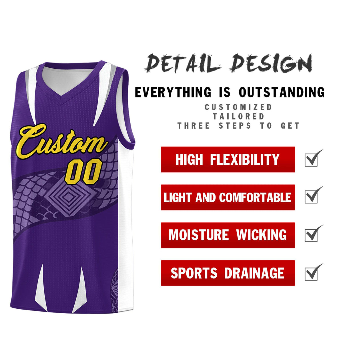 Custom Purple White Snake Scale Venomous Fang Drapable Graffiti Pattern Basketball Suit Jersey