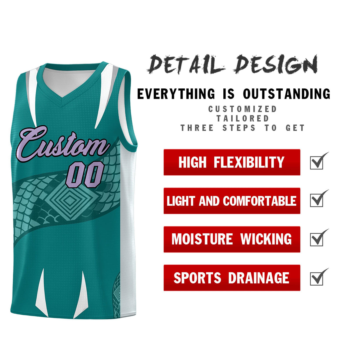Custom Teal Silver Snake Scale Venomous Fang Breathable Graffiti Pattern Basketball Suit Jersey