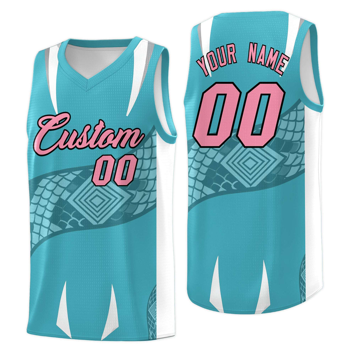 Custom Sky Blue White Snake Scale Venomous Fang Drapable Graffiti Pattern Basketball Suit Jersey