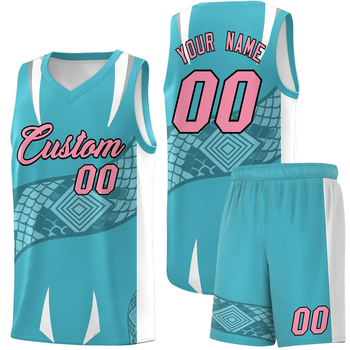 Custom Sky Blue White Snake Scale Venomous Fang Drapable Graffiti Pattern Basketball Suit Jersey