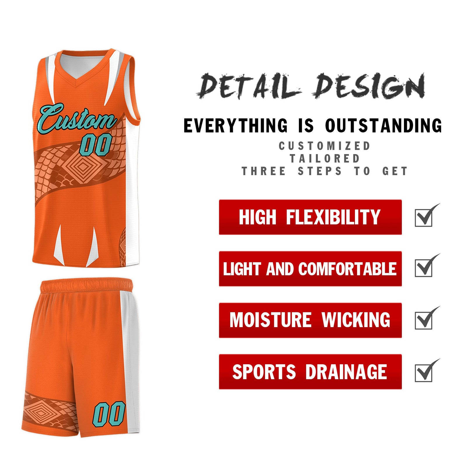 Custom Orange White Snake Scale Venomous Fang Lightweight Graffiti Pattern Basketball Suit Jersey