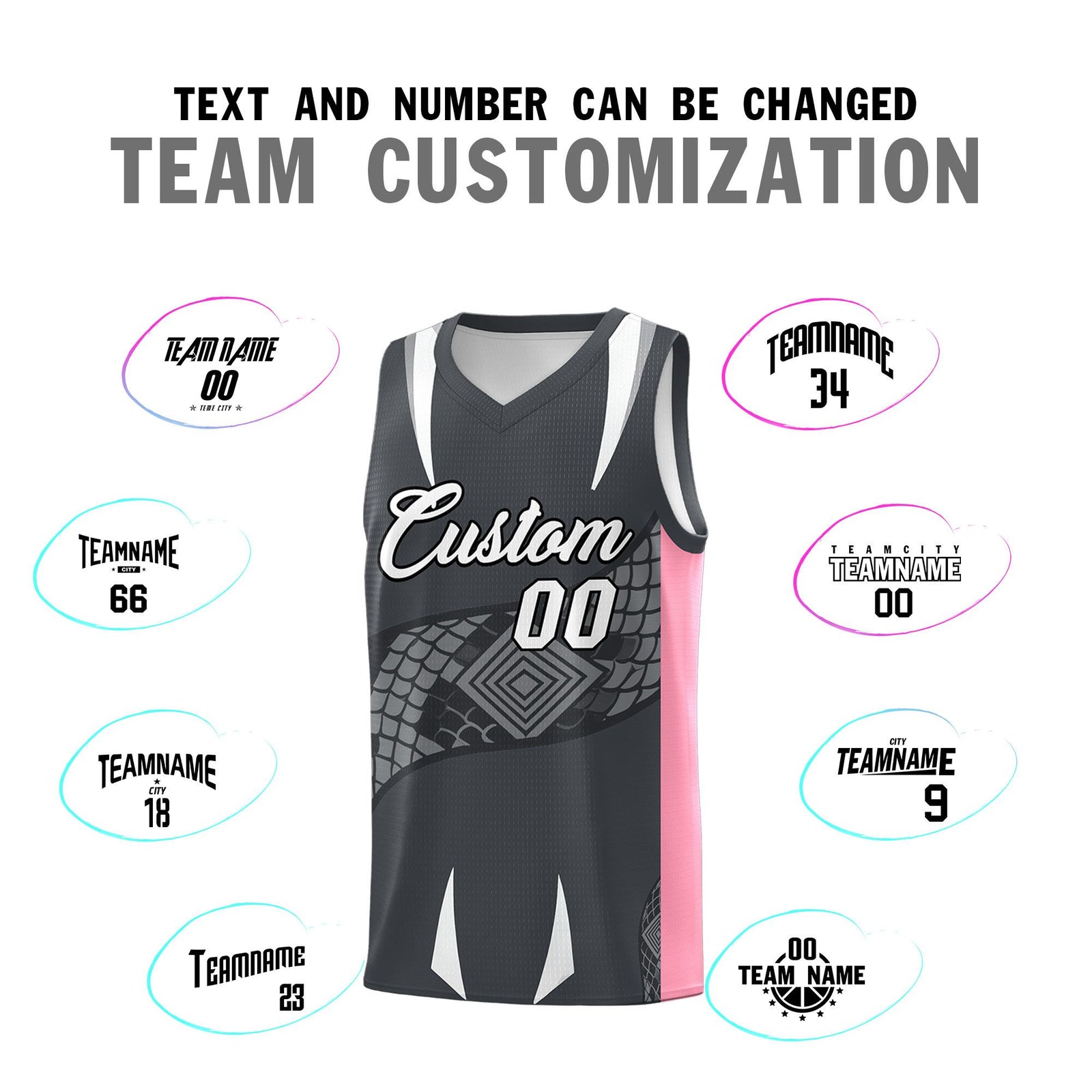 Custom Gray Light Pink Snake Scale Venomous Fang Drapable Graffiti Pattern Basketball Suit Jersey