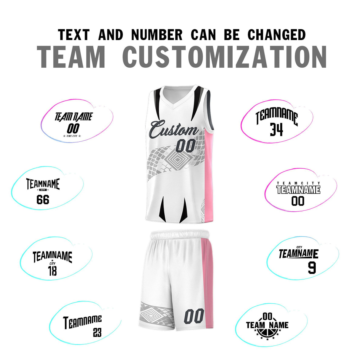 Custom White Light Pink Snake Scale Venomous Fang for Leagues Graffiti Pattern Basketball Suit Jersey