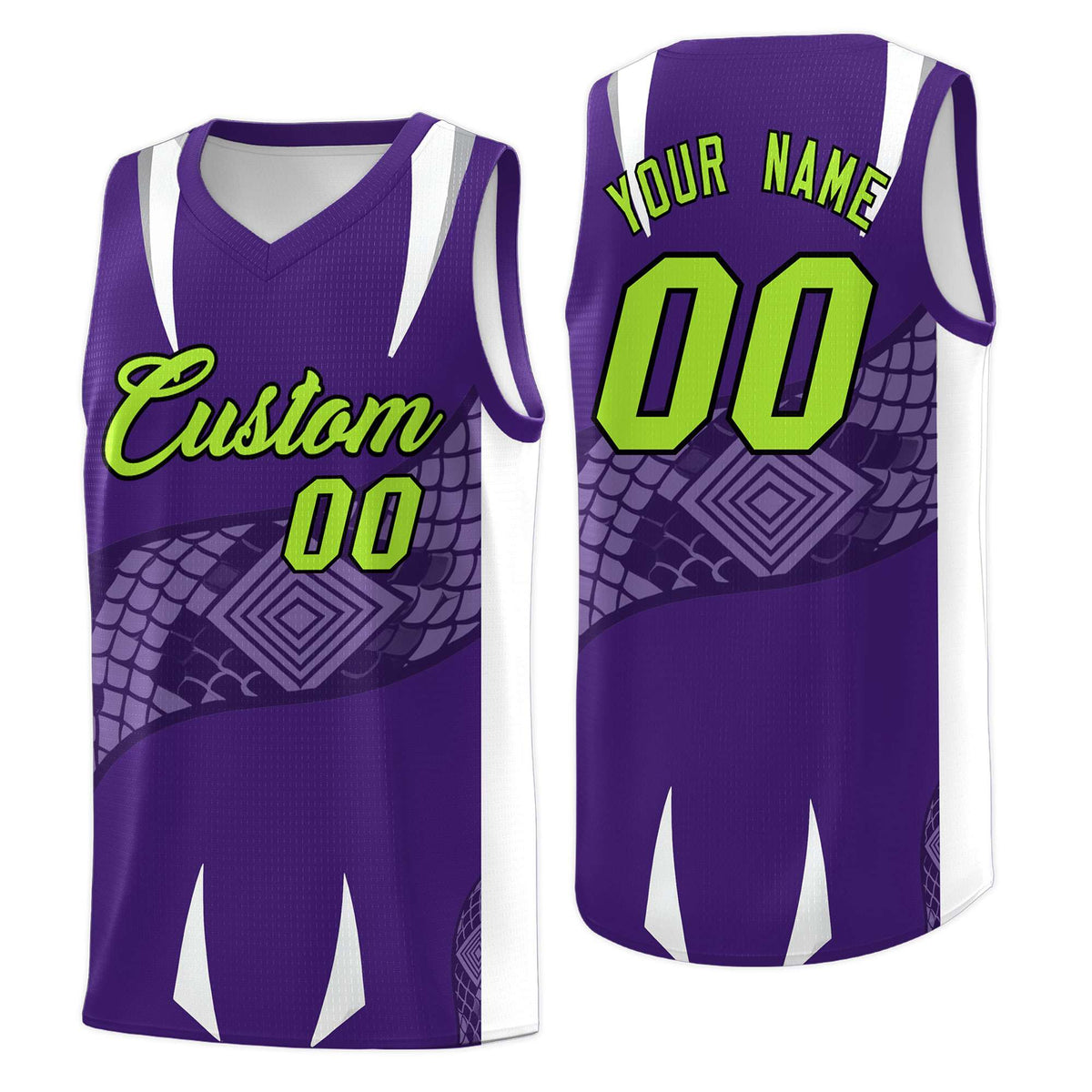 Custom Purple White Snake Scale Venomous Fang Breathable Graffiti Pattern Basketball Suit Jersey
