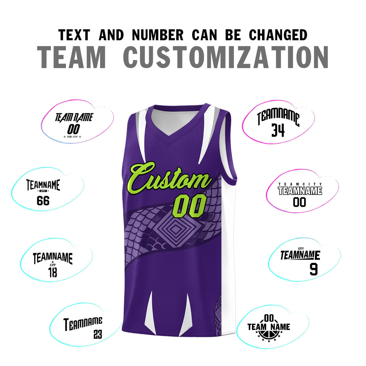 Custom Purple White Snake Scale Venomous Fang Breathable Graffiti Pattern Basketball Suit Jersey